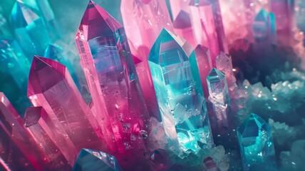 a visual adventure with a modern tech banner adorned with colorful aqua and pink crystal pieces, 