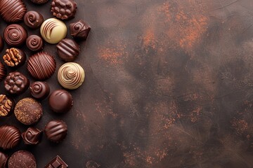 Chocolate backdrop with chocolate pralines. Generative Ai