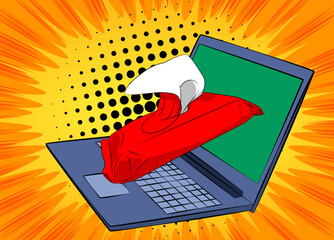 Cartoon Laptop, comic book Notebook with Wet Wipe. Retro vector comics pop art design.