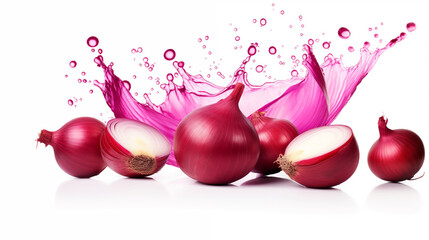Falling chop red onion isolated on white background.