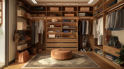 interior modern dressing room with wooden shelves, hanging areas and lots of accessories on the ground, featuring natural wood tones and light brown accents, empty space, storage