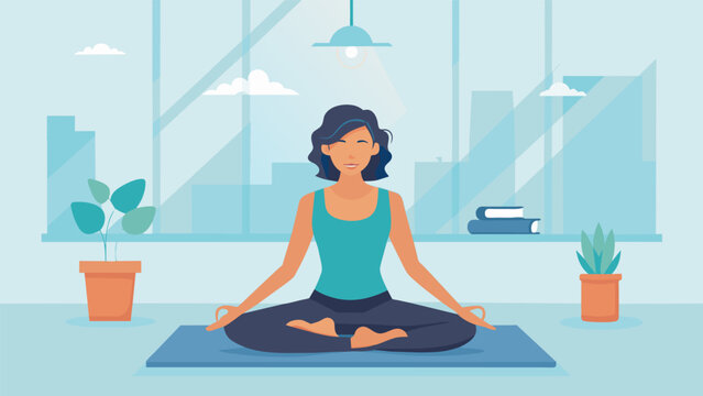 A woman closing her eyes and taking deep breaths as she practices yoga poses in a brightly lit quiet room at her corporate workplace.. Vector illustration