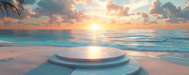Elegant 3D podium on a serene beach, new product showcased under a sunset, luxurious aesthetic