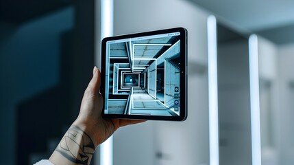 Single Hand Holds Hightech Pro Showcasing Innovative Architectural Design in Artboard Studio with Futuristic Color Palette and Style Generative ai