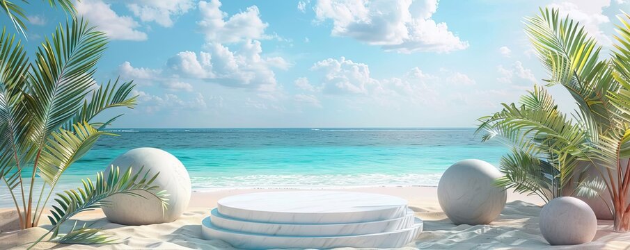 Chic 3D podium on a vibrant beach, perfect for launching new summer collections, sea breeze included