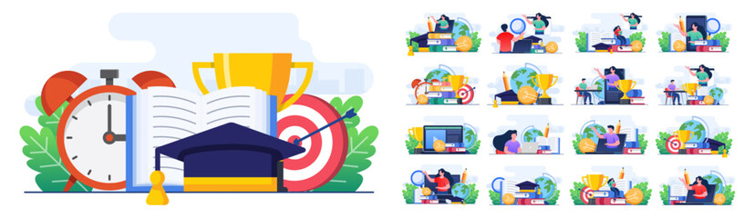 Set of flat illustrations of online education, e-learning, online course, online webinar, video tutorial
