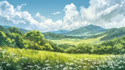 Obraz premium A lush green landscape with rolling hills and distant mountains. In the distance, green hills and mountains create a harmonious panorama