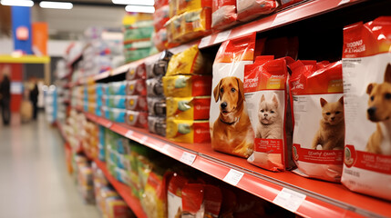 Selection of pet products for sale in a pet supermarket, photo shot --ar 16:9 --v 5.2 Job ID: 587632ea-1dca-4f77-ac9b-1f4a2da03278