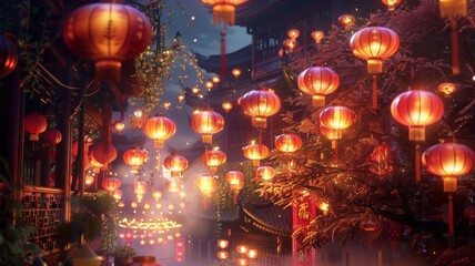 Enter a world of color and light with this captivating image of Chinese lanterns during the New Year festival