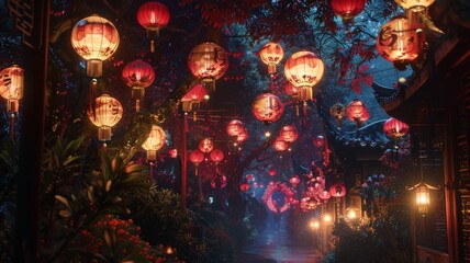 Enter a world of color and light with this captivating image of Chinese lanterns during the New Year festival