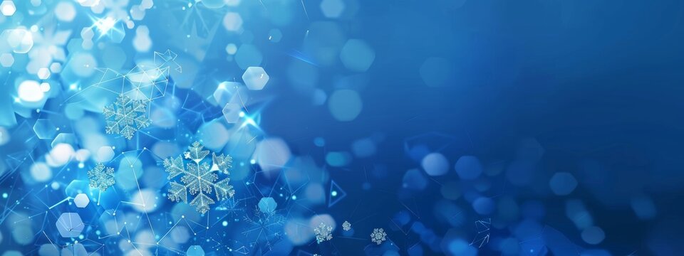 A blue background with low poly white snowflakes, glowing and sparkling in the center of an abstract geometric pattern. The overall tone is cool and soft, creating a dreamy atmosphere.