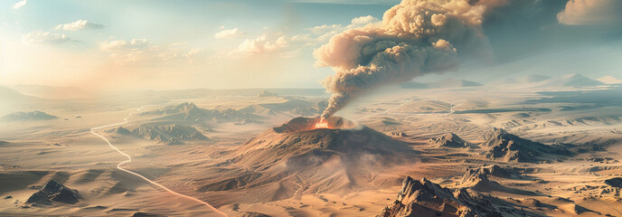 An aerial illustration of a vast desert landscape dominated by a solitary volcano spewing fire and...