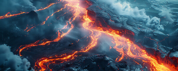 an aerial view of a volcanic landscape where natures raw power is on display with rivers of fire...