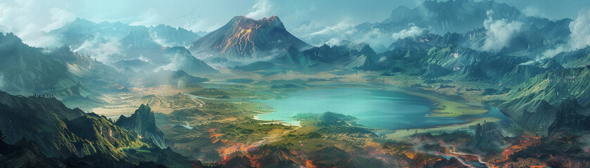 Aerial of a peaceful mountain lake overlooked by a distant volcano blending the tranquility of...