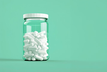 White pills in transparent pills bottle on green background close up with copy space, 3d style