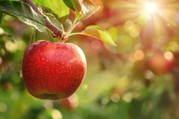 Ripe natural red apple on an apple tree branch among green leaves in the garden in the rays of the summer sun