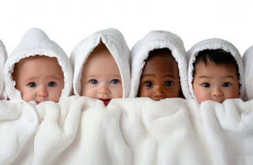 adorable smiling different baby toddlers wrapped in a white towels