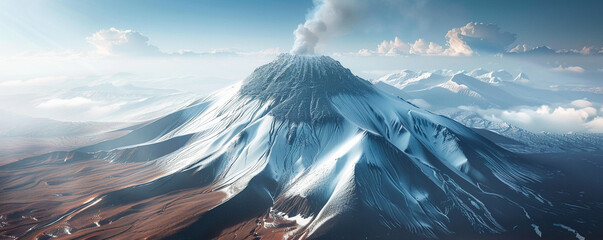 aerial view of a snow capped mountain range with a smoldering volcano in the distance highlighting the stark beauty and danger of natures  - Powered by Adobe
