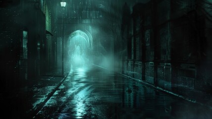 Enter the mysterious realm of a dark street, where wet asphalt reflects the dim rays of distant lights, creating an enigmatic atmosphere captured in stunning HD detail