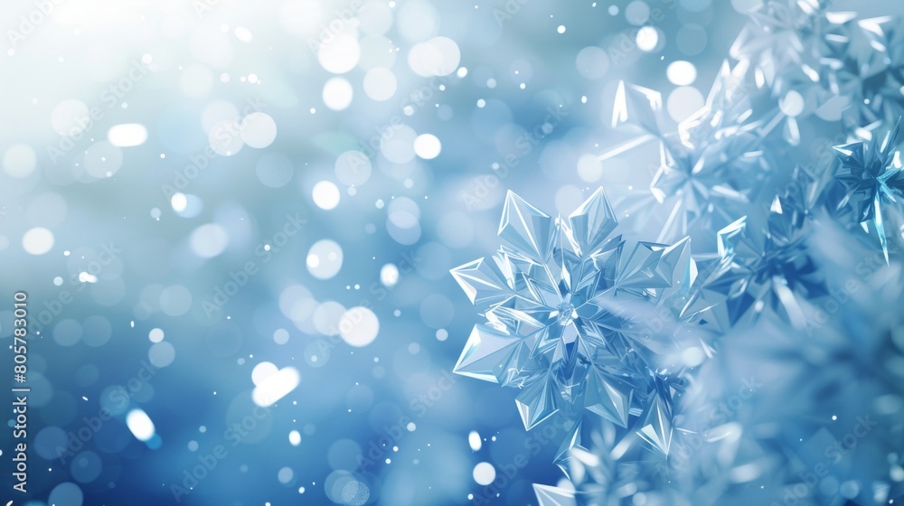 Poster a blue background with low poly white snowflakes, glowing and sparkling in the center of an abstract