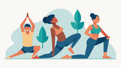 A series of workshops focused on yoga for athletes and athletes in training highlighting specific stretches and poses to complement their physical. Vector illustration