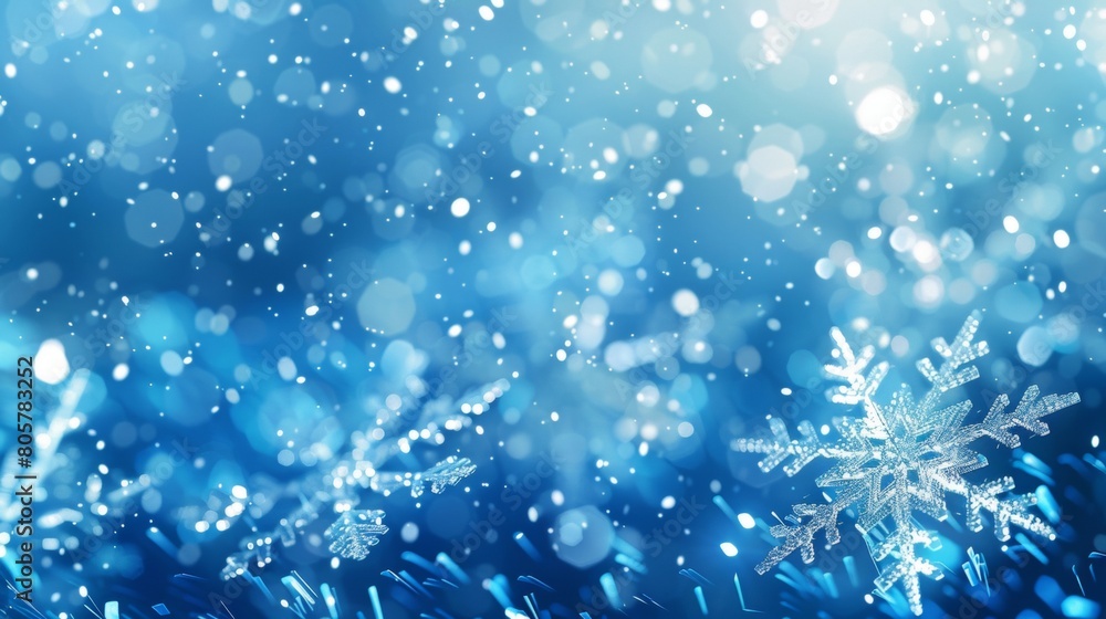 Poster a blue background with low poly white snowflakes, glowing and sparkling in the center of an abstract