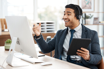 Man, consultant and happy in call centre with computer, crm and telemarketing or agent with tech....