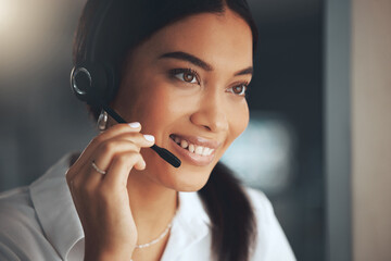 Call center, portrait and smile with woman consulting in telemarketing office for help or sales....