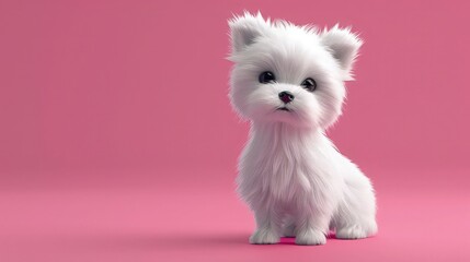 An adorable portrait of a white Pomeranian puppy, poised elegantly against a vibrant pink backdrop. 