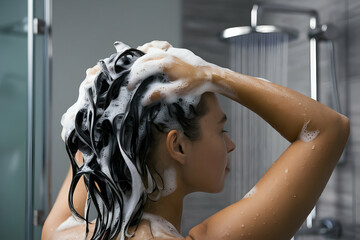 Naklejka premium A female shampooing hair in the shower