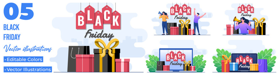 Set of flat illustrations of black Friday big sale concept, Online shopping, Big promotion discount