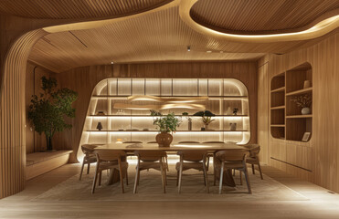 Naklejka premium A dining room with curved wood arches, featuring an elegant table and chairs in the center of the space. The walls feature lightcolored wooden panels, creating a warm atmosphere