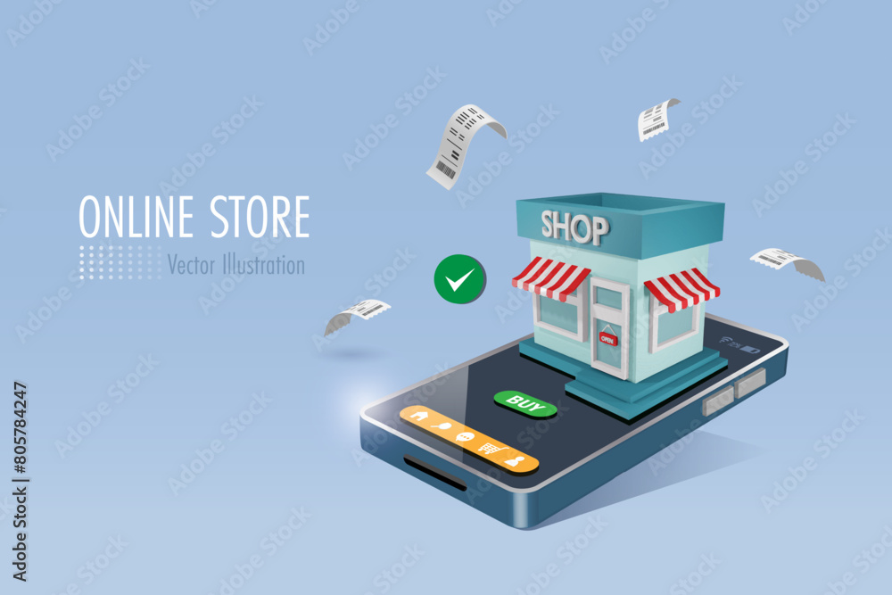 Poster virtual store building on mobile app with secure service. shop building on smart phone. online retai