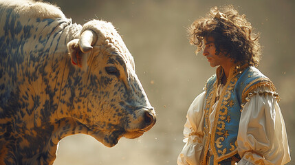 Portrait of a Spanish bullfighter and a bull
