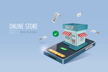 Virtual store building on mobile app with secure service. Shop building on smart phone. Online retail store and delivery, e commerce. 3D vector.