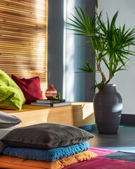 Zen home interiors with natural window light, serene decor an natural elements. Interior design relaxing composition.