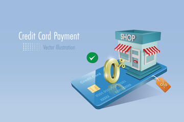Credit card shopping and secure payment. Shop building on credit card with 0% interest fee campaign and money protection. Money spending, online banking, financial. 3D vector.
