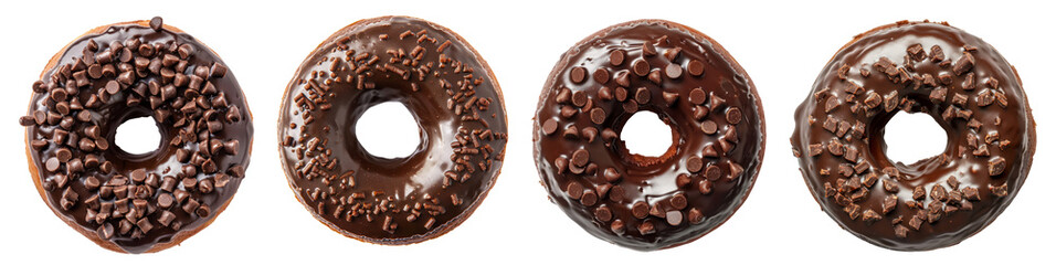 Chocolate donuts on transparent background, png set