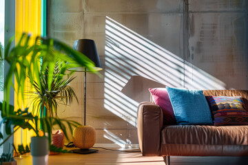 Zen home interiors with natural window light, serene decor an natural elements. Interior design relaxing composition.