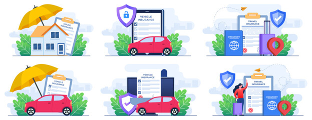 Set of flat illustrations of Vehicle insurance, Property security, Financial protection, Real estate insurance policy, Car safety, assistance and protection, Travel insurance, Flight Insurance
