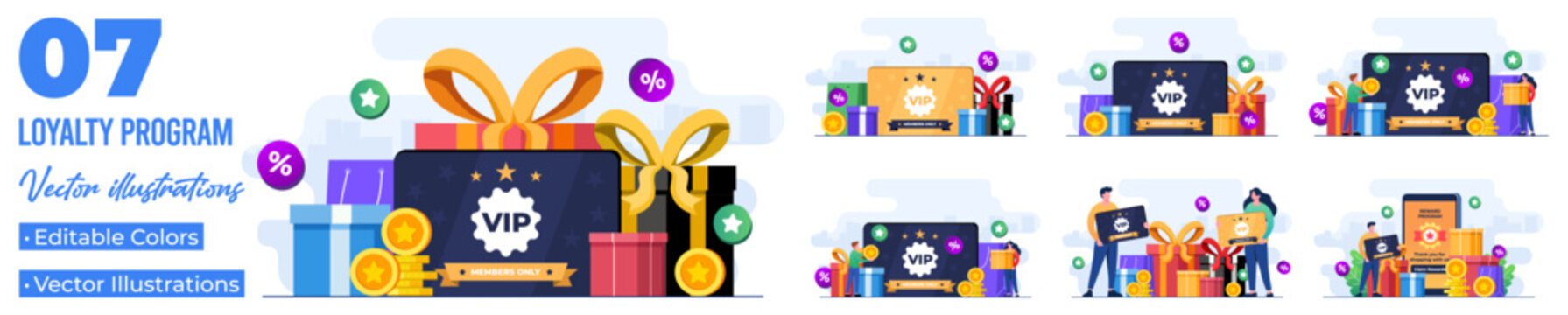 Set of flat illustrations of loyalty program marketing strategy, Loyalty card, Discount, and bonuses, Earn reward points, cashback income