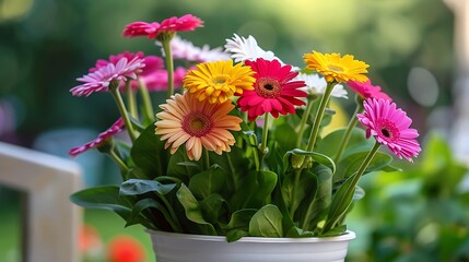Obraz premium Beautiful colorful gerbera daisies in white flower pot