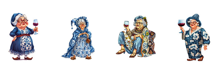 blue and white printed fashionable old woman cartoon different angles on transparent background cutout, PNG file.