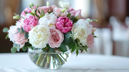 beautiful wedding bouquet with roses and peonies in glass vase on white round table