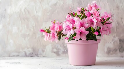 blooming azalea in pink flowerpot blank card free place for text white rustic background