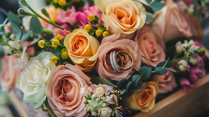 bouquet of beautiful and colorful flowers and wedding rings in a box