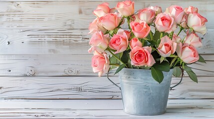 bouquet of roses in a bucket on a white wooden background