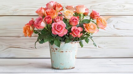 bouquet of roses in a bucket on a white wooden background