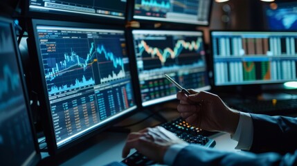 Close-up of a stock broker's hands analyzing charts and data on multiple screens, focus on screens. Business concept for stock market. financial chart graphs concept