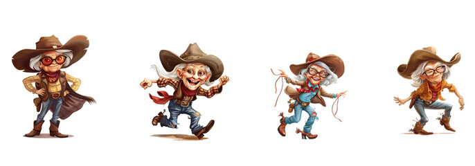 Funny cowboy cartoon with different angles set on a transparent background cutout, PNG file.